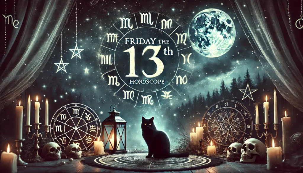 DALL·E 2024-09-13 00.39.35 - A mystical and eerie scene for a Friday the 13th horoscope, featuring dark night skies filled with stars, zodiac signs glowing faintly, a full moon ca