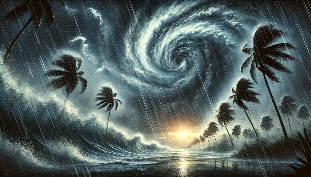 DALL·E 2024-09-13 00.49.08 - A dramatic scene for a news cover about Cyclone Ileana, featuring dark stormy skies with heavy rain, strong winds, and ominous clouds swirling over th