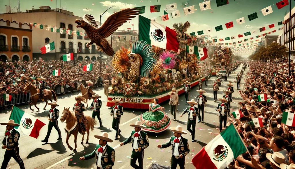 DALL·E 2024-09-16 03.03.10 - A dynamic and colorful scene of a parade celebrating September 16th, Mexican Independence Day. The streets are filled with people waving Mexican flags