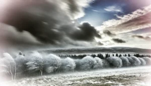 DALL·E 2024-09-16 03.25.39 - A striking scene depicting a cold front, with a landscape covered in frost and snow. The sky is filled with heavy, dark clouds moving swiftly, indicat