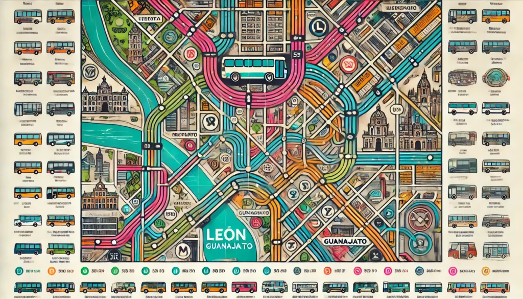 DALL·E 2024-09-16 03.29.35 - A detailed and vibrant map of León, Guanajuato, showcasing the city's bus routes. The map includes major landmarks, streets, and bus stops, with color