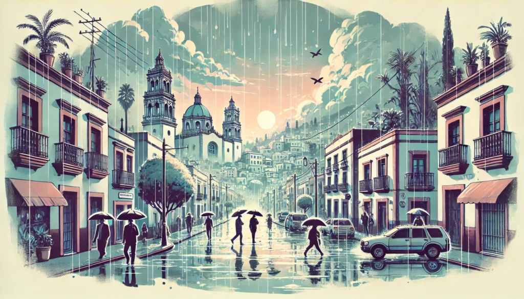DALL·E 2024-09-30 00.50.36 - A WordPress cover image for a weather report about Guanajuato. The scene should depict rain and cool temperatures, with a cloudy sky and light rainfal